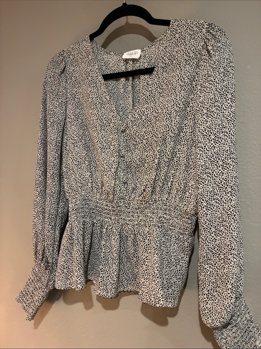 Sienna Sky Black and White Smocked Peplum V-Neck Blouse